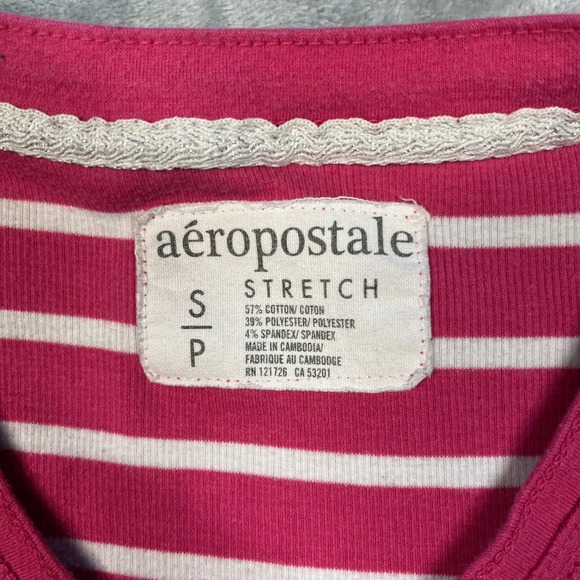 Aeropostale Striped V-Neck Long Sleeve Women S Pink White Ribbed Stretch - Picture 3 of 10
